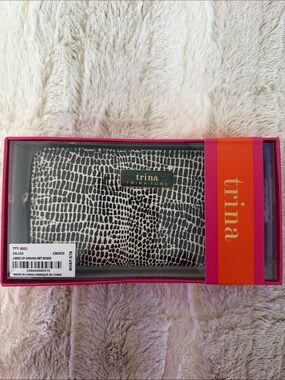 Trina Turk Black & White Croc-Print Zip Wallet with Gold Logo